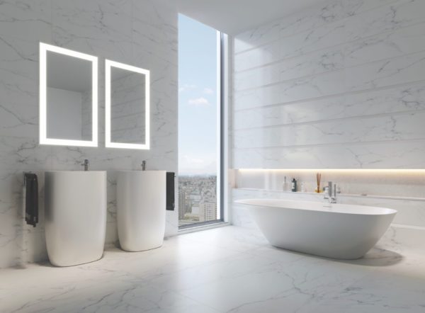 A bathroom with Marble Carrara Tile