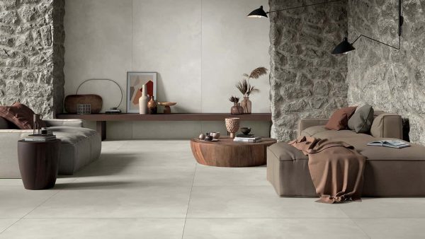 Contemporary living room with Mirage Clay tile flooring.
