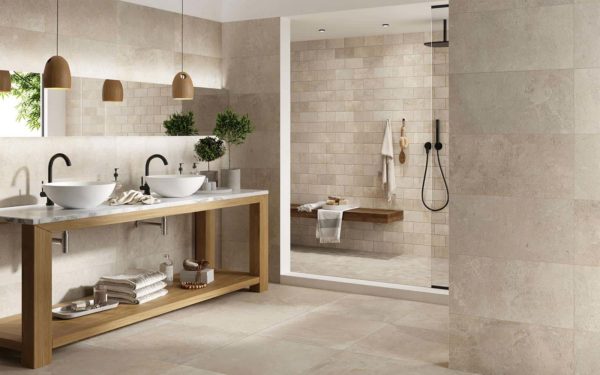 A designer modern bathroom with Dom Ceramiche Mas de Provence Ecrú tile