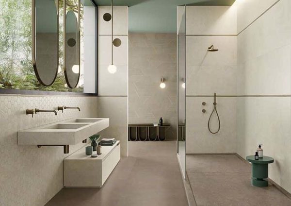A modern bathroom designed and tiled with Silver Grain tile