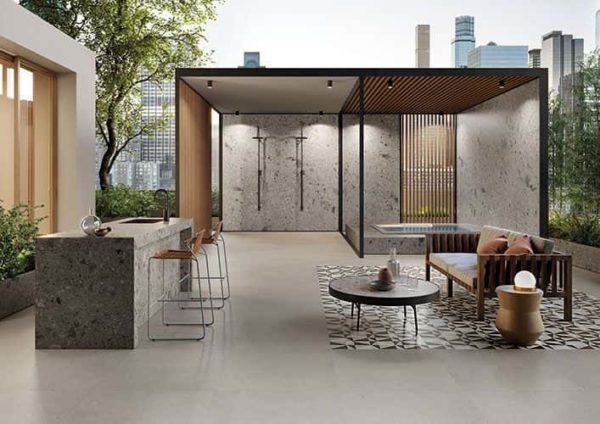 An exterior contemporary space with Silver Grain tile throughout