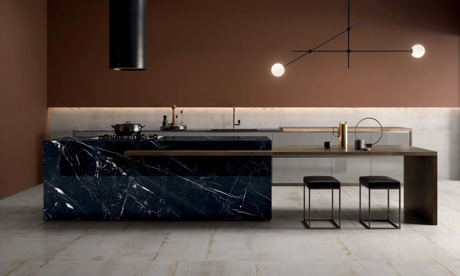 A shot of a modern kitchen with a beautiful center island clad in dark black porcelain slab with white veining.