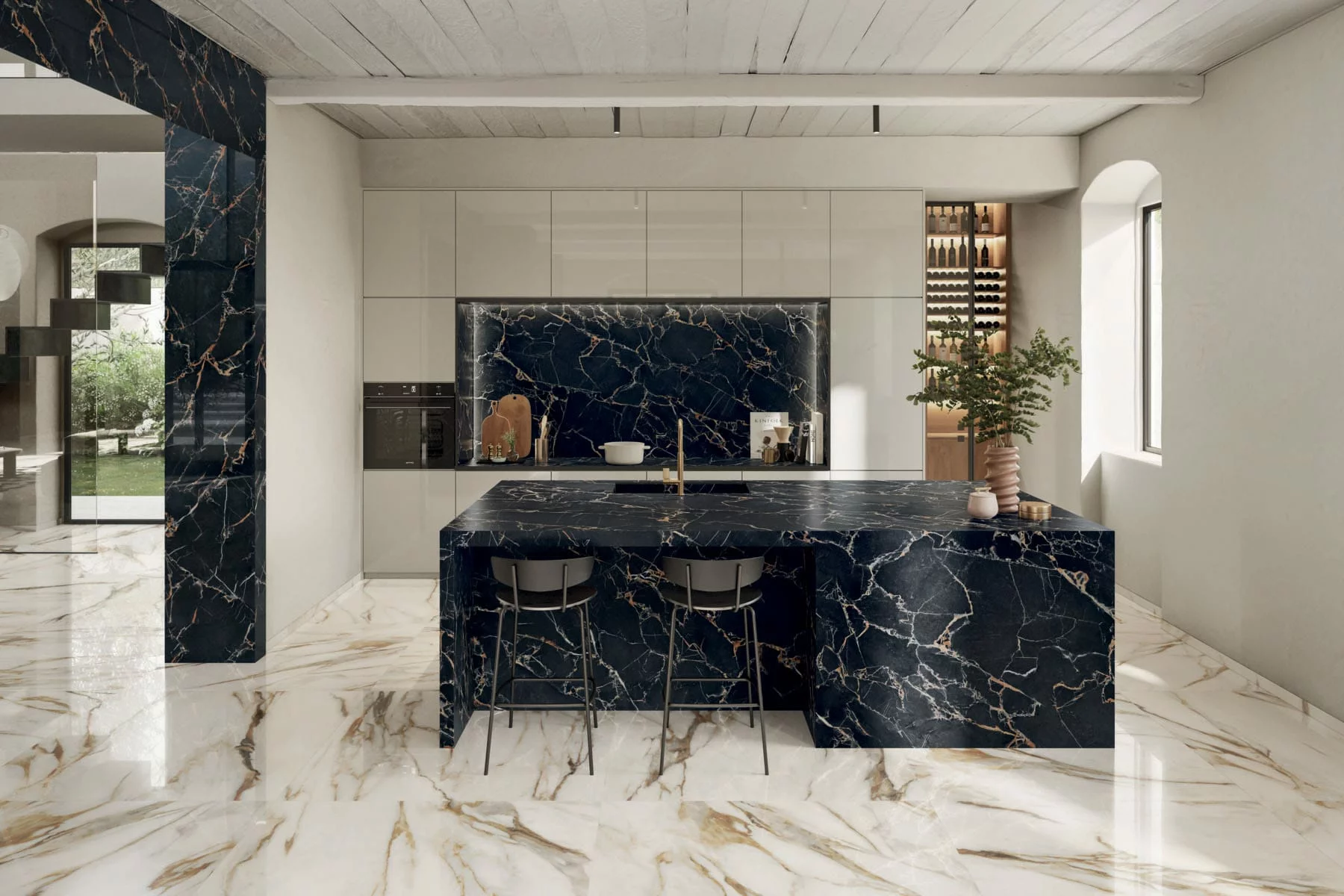 A stunning photo of a kitchen outfitted with porcelain slab.
