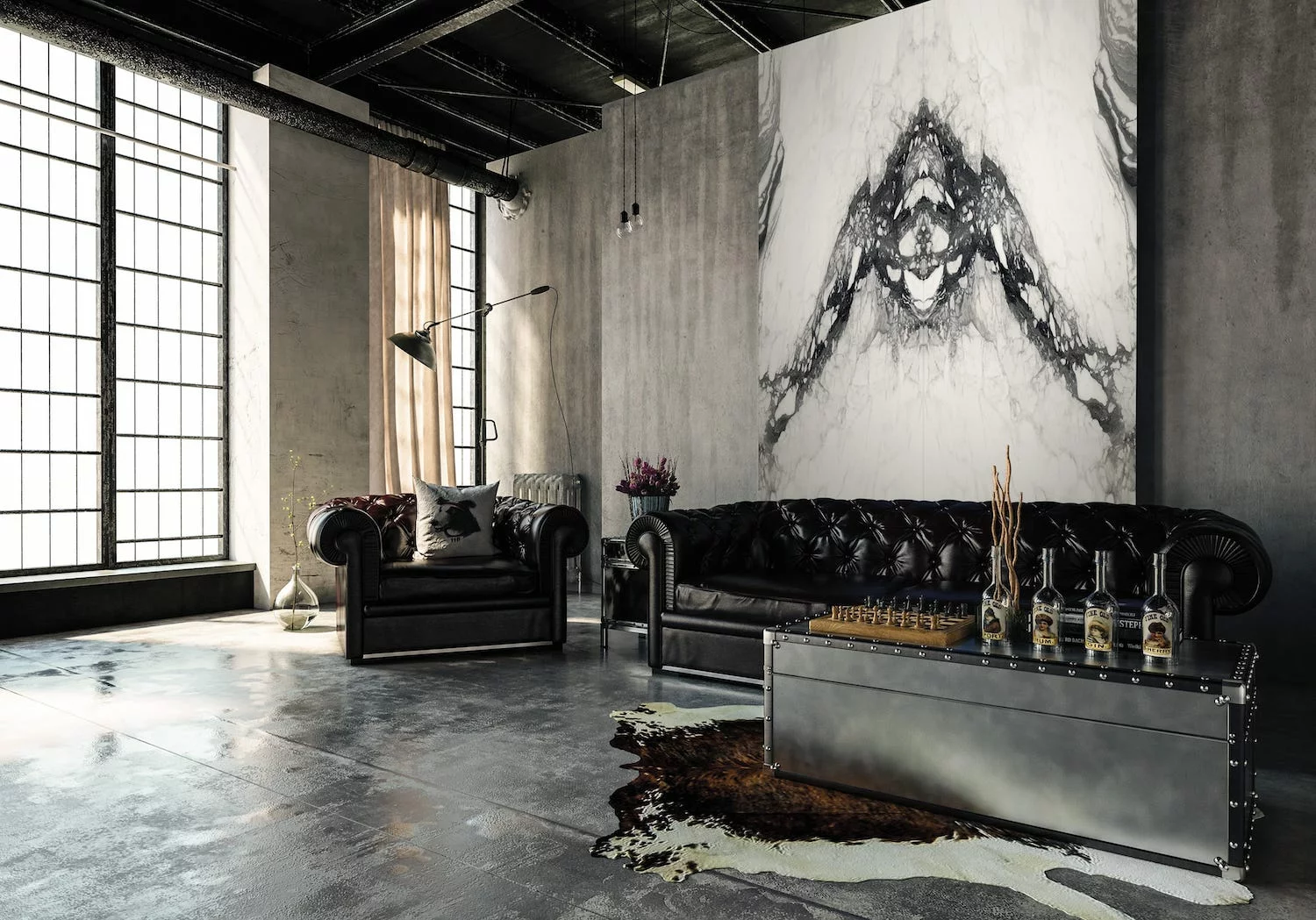 A shot of a beautiful book-match slab mounted above a black couch in a modern living room.